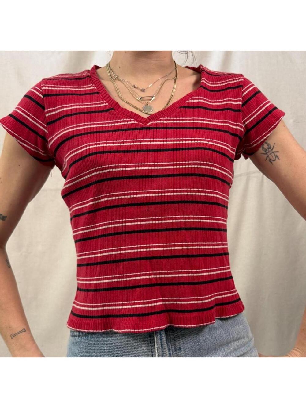 No Boundaries Red Ribbed Striped Baby Tee